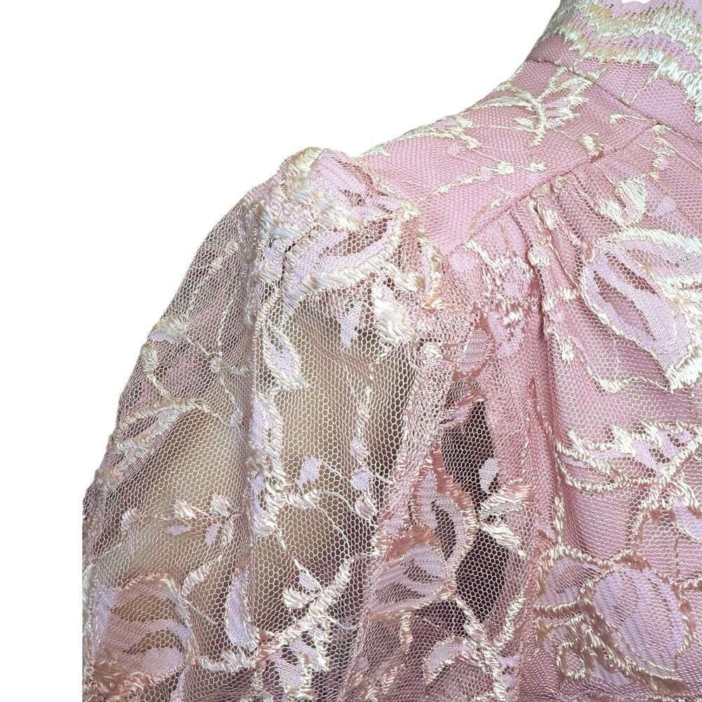 VTG 80s Romantic Pink Coquette Floral Lace Mesh Midi Dress Blaire Boutique Large - Picture 11 of 16